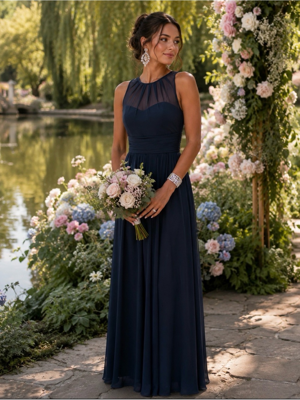 Bill levkoff Navy Blue Sleeveless Evening Gown